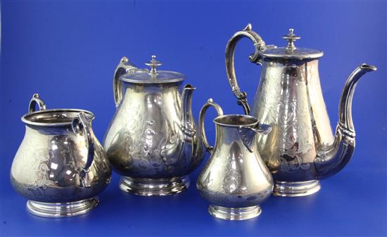 A Victorian silver four piece tea and coffee set, gross 70 oz.